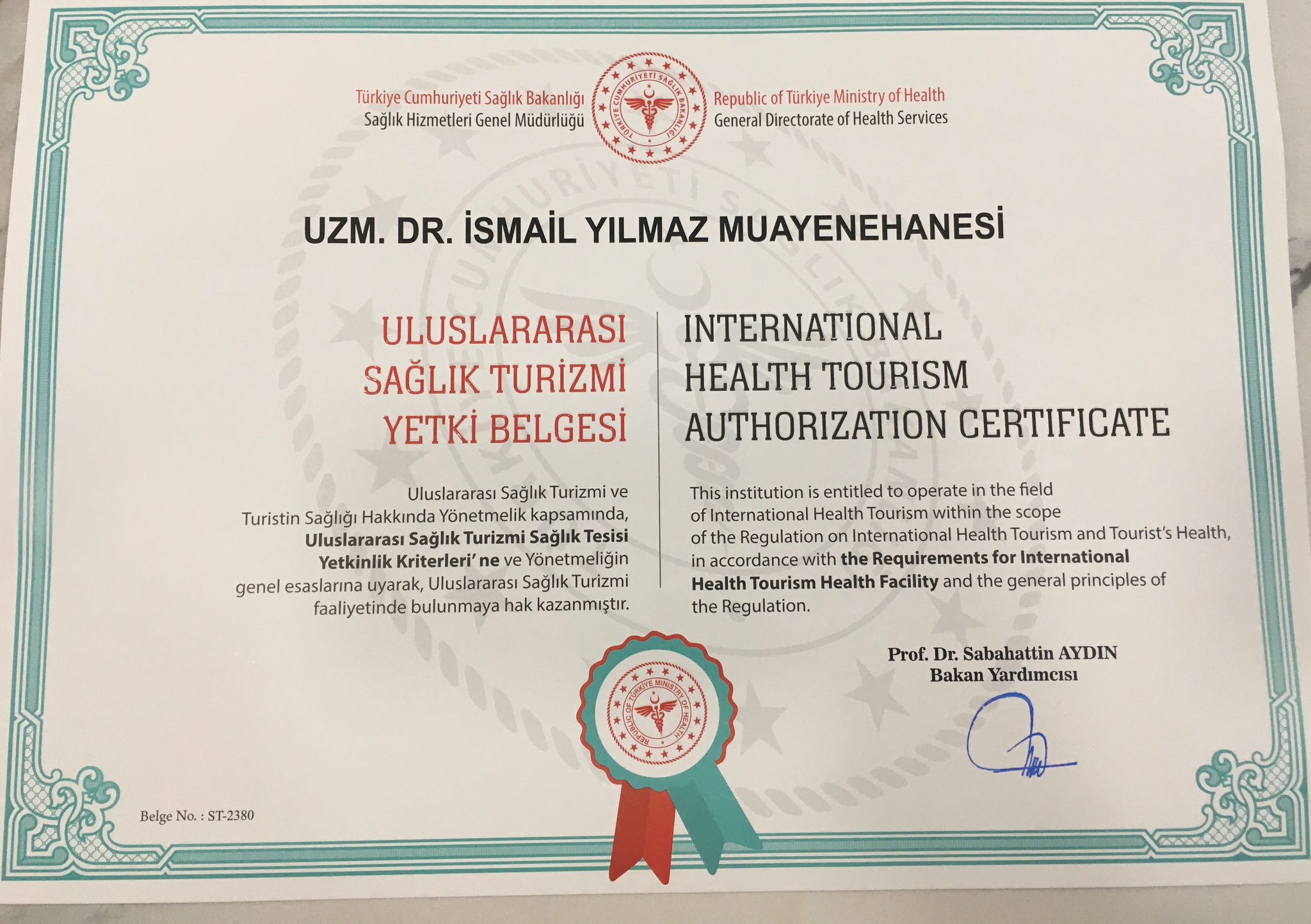 T.C. Sağlık Bakanlığı Uluslararası Sağlık Turizmi Yetki Belgesi - ST-2380